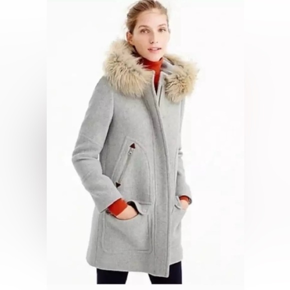 J. Crew Italian Wool Light Gray Coat with Fur Trim - Picture 4 of 12